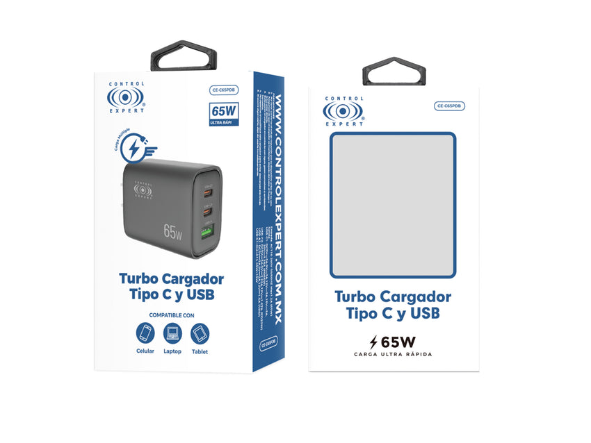 Cargador USB 65W con 3 Puertos, Entrada Tipo Turbo Portátil para Viajar