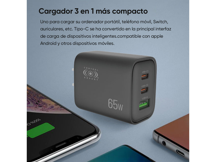 Cargador USB 65W con 3 Puertos, Entrada Tipo Turbo Portátil para Viajar