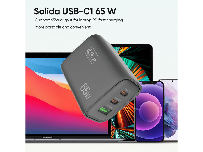 Cargador USB 65W con 3 Puertos, Entrada Tipo Turbo Portátil para Viajar