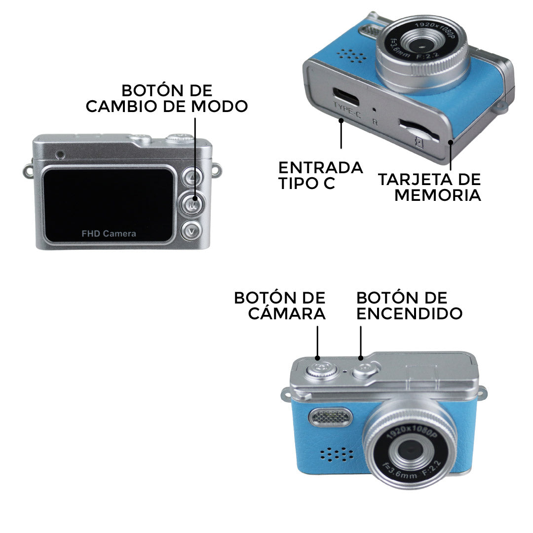 Mini Cámara Diseño Retro Full HD 1080P Luz Led