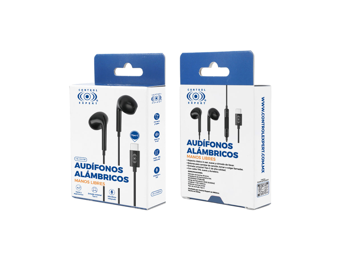 Audífonos con Cable Tipo C CE-CAU10 – Sonido Estéreo, Micrófono Colores Blanco y Negro