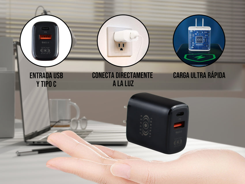 Cargador USB Y Tipo PD 38W Negro Carga Rápida