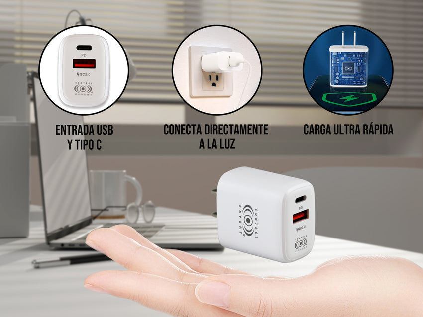 Cargador USB Y Tipo PD 38W Blanco Carga Rápida