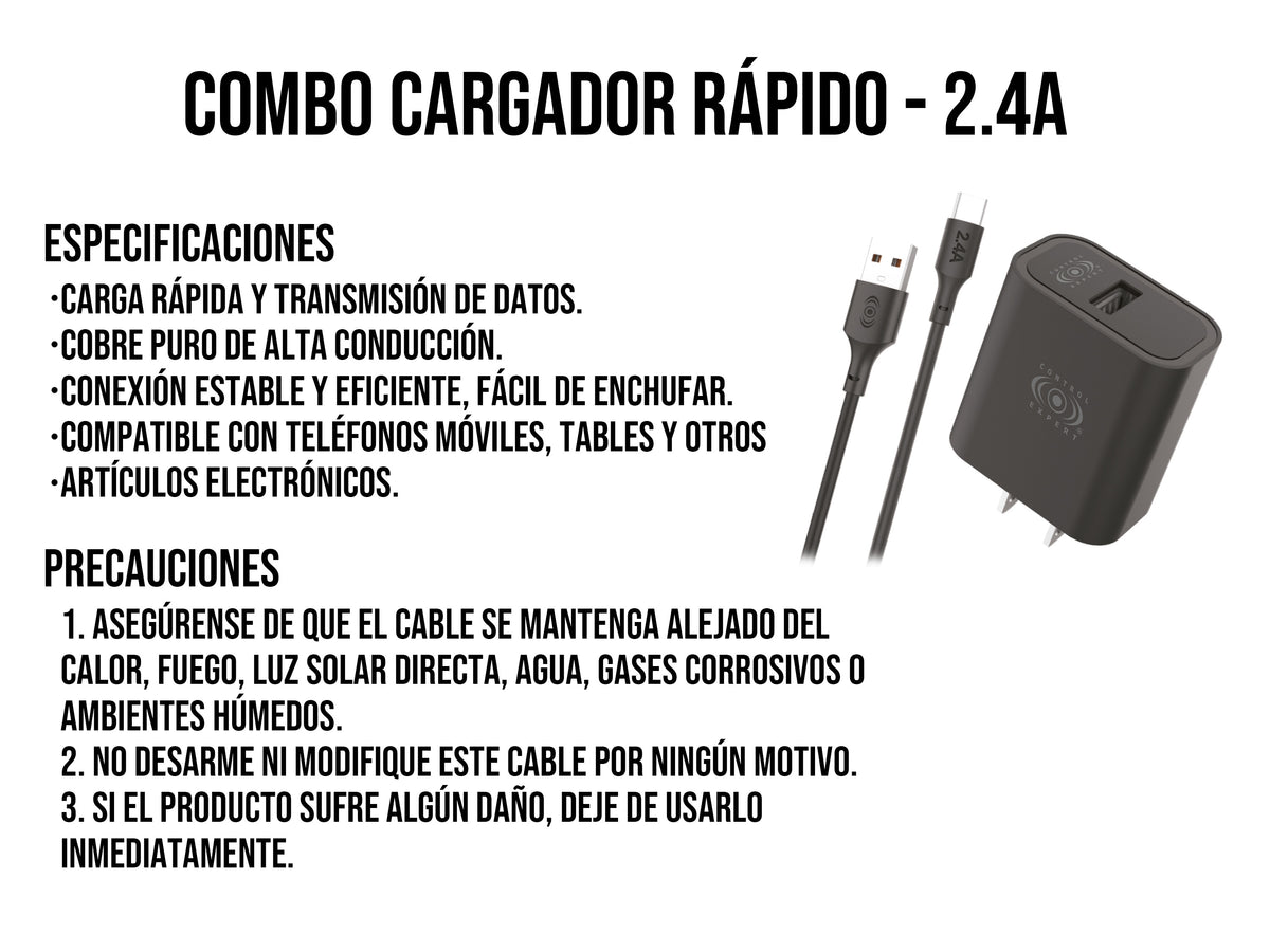 Combo Cargador Tipo C 2.4AMP Negro