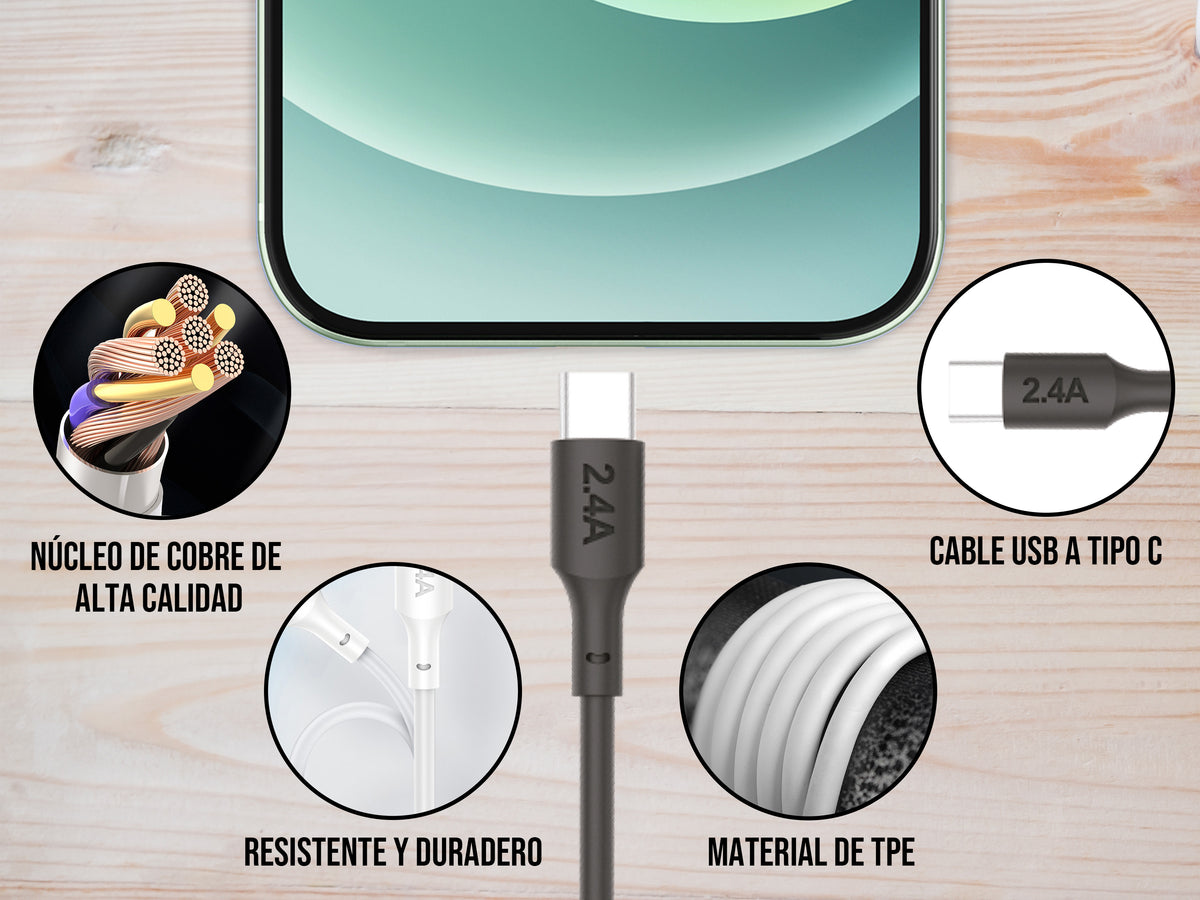 Combo Cargador Tipo C 2.4AMP Negro