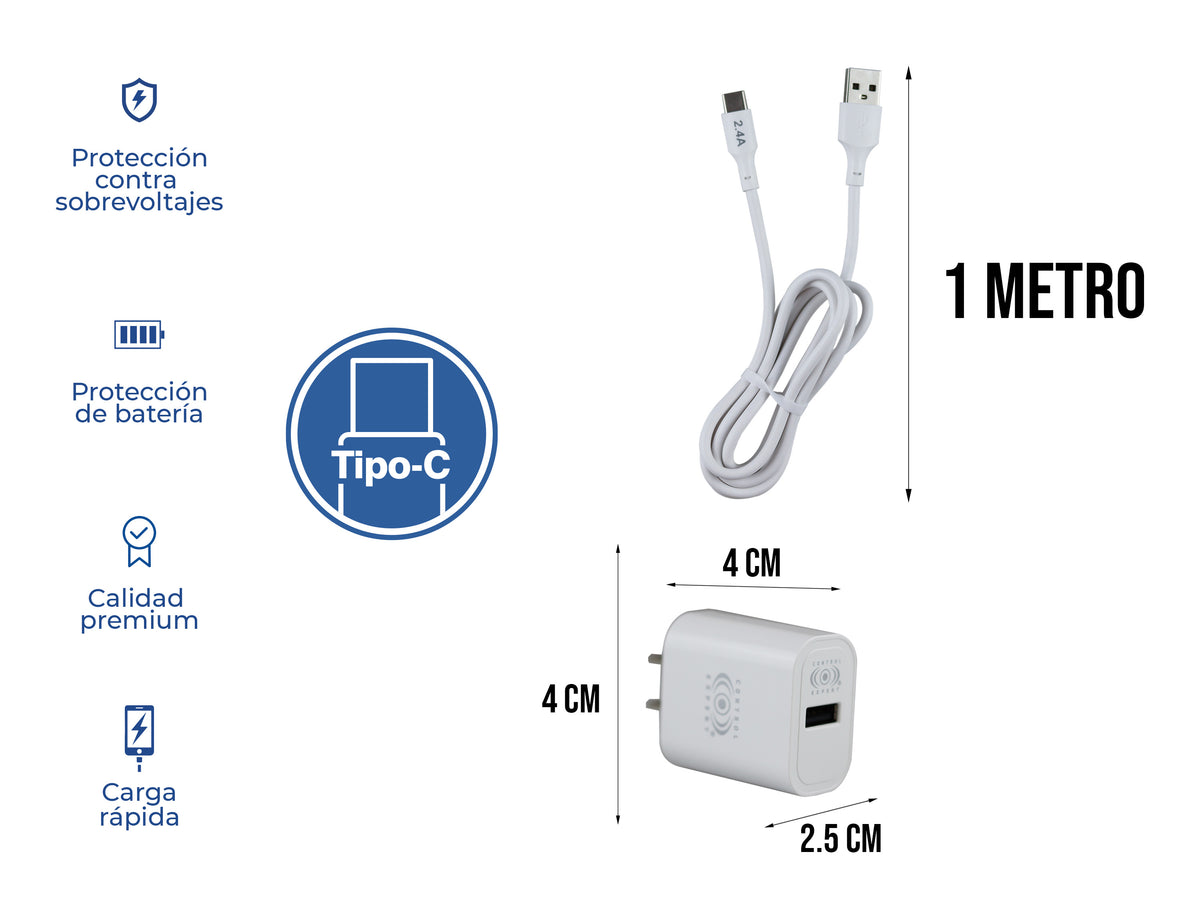 Combo Cargador Tipo C 2.4AMP Blanco