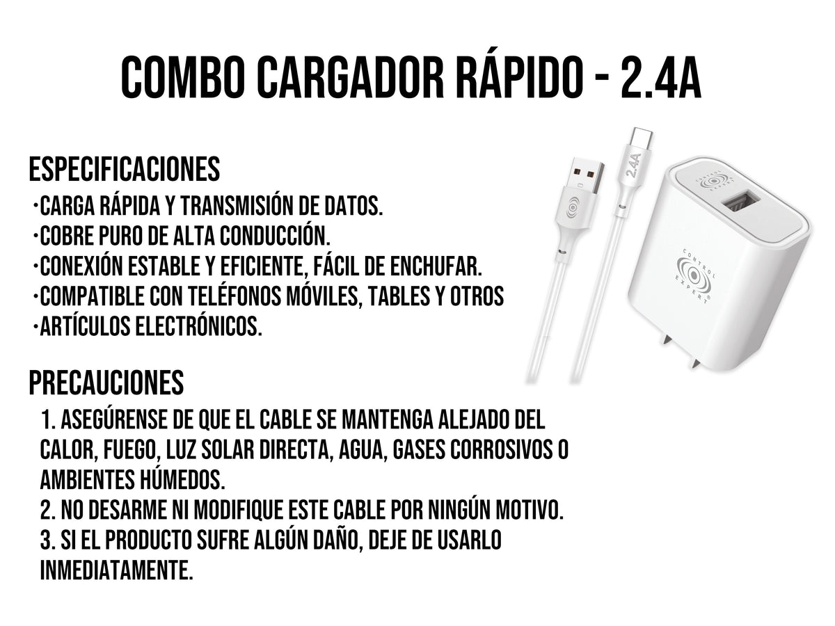 Combo Cargador Tipo C 2.4AMP Blanco