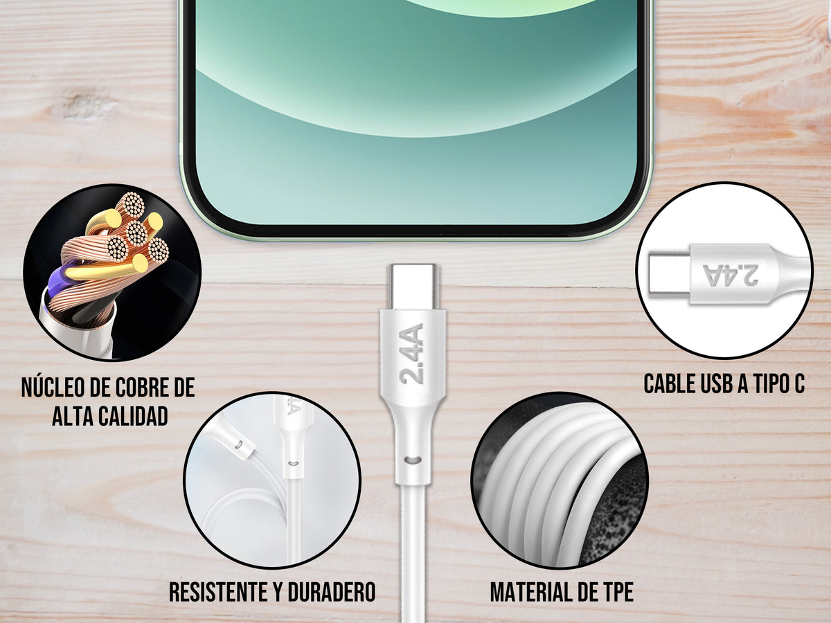 Combo Cargador Tipo C 2.4AMP Blanco
