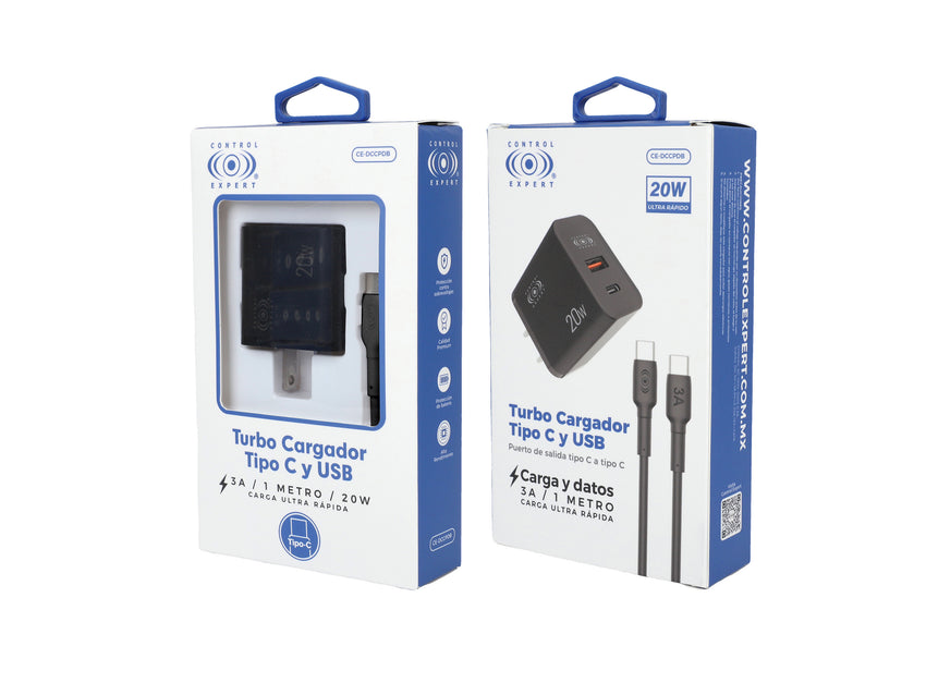 Turbo Cargador Tipo y USB 2 Puertos 20W Cable 1 Metro - Negro