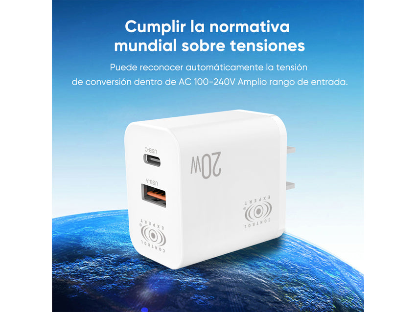 Turbo Cargador Tipo y USB 2 Puertos 20W Cable 1 Metro - Blanco