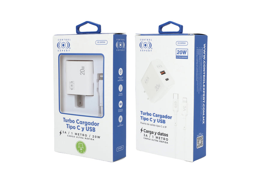 Cargador 2 Puertos USB y Tipo Compatible Con iPhone 1 Metro 20W - Blanco