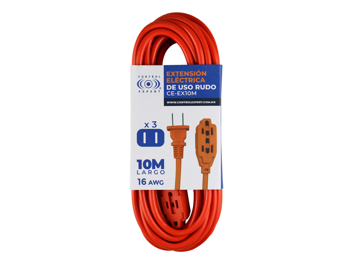 Extensión Eléctrica Uso Rudo 10 Metros Naranja Calibre 16 AWG, Cable Resistente con Clavija y Contacto Reforzados