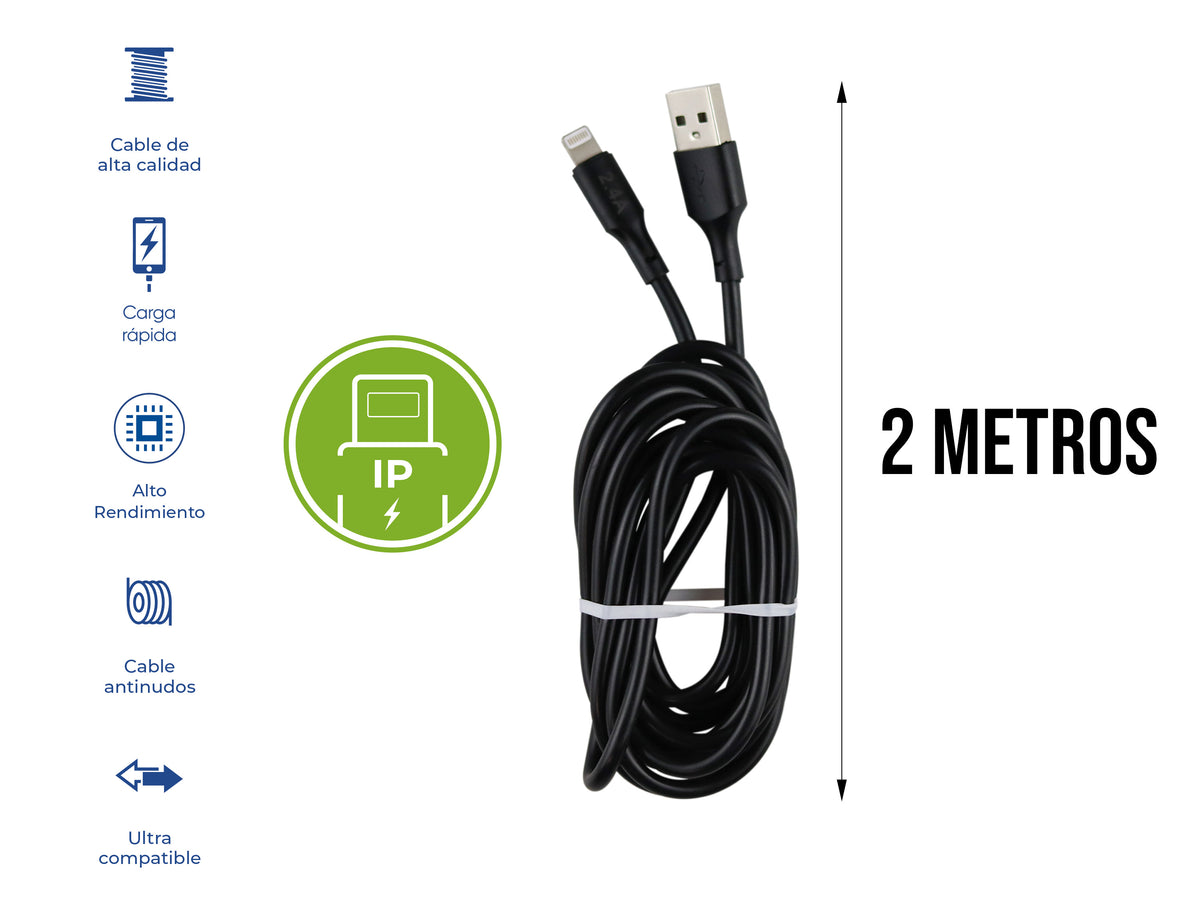 Cable USB a iPhone Negro 2 metros 2.4 A