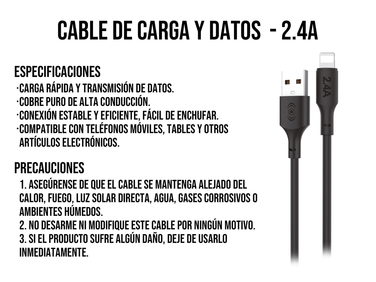 Cable USB a iPhone Negro 2 metros 2.4 A