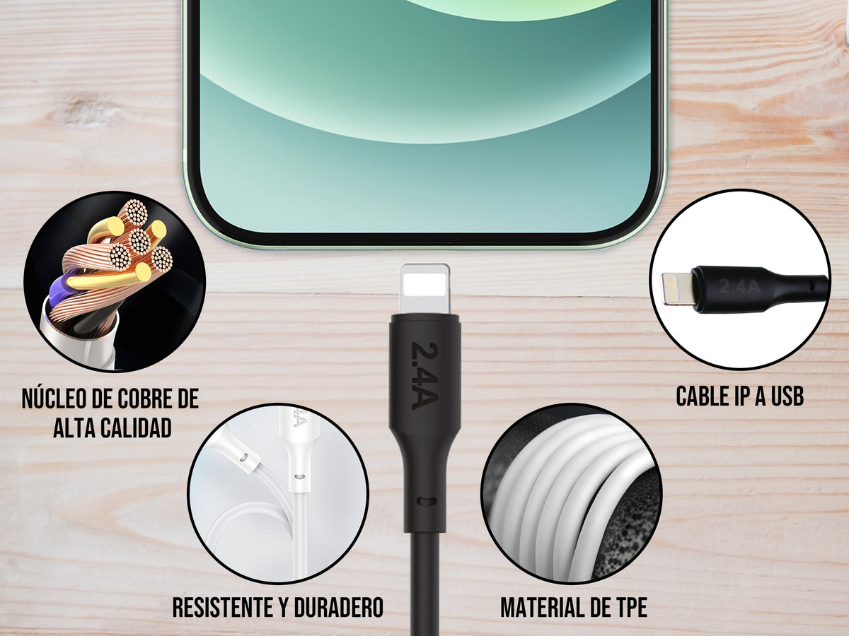 Cable USB a iPhone Negro 2 metros 2.4 A