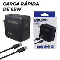 Cargador Ultra Rápido 65W GaN – Para Laptop, Tablet y Celular con Cable Tipo C Incluido