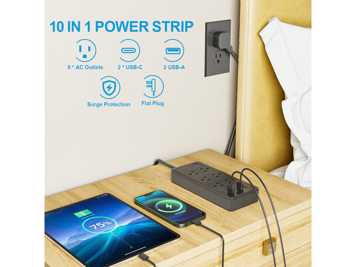 Multicontacto con Puertos USB y Tipo C – 6 Entradas con Carga Rápida y Cable Resistente (20W)