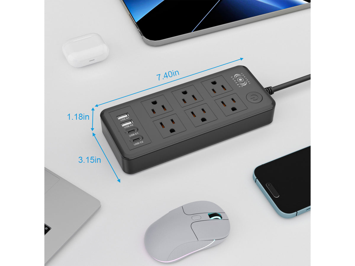 Multicontacto con Puertos USB y Tipo C – 6 Entradas con Carga Rápida y Cable Resistente (20W)