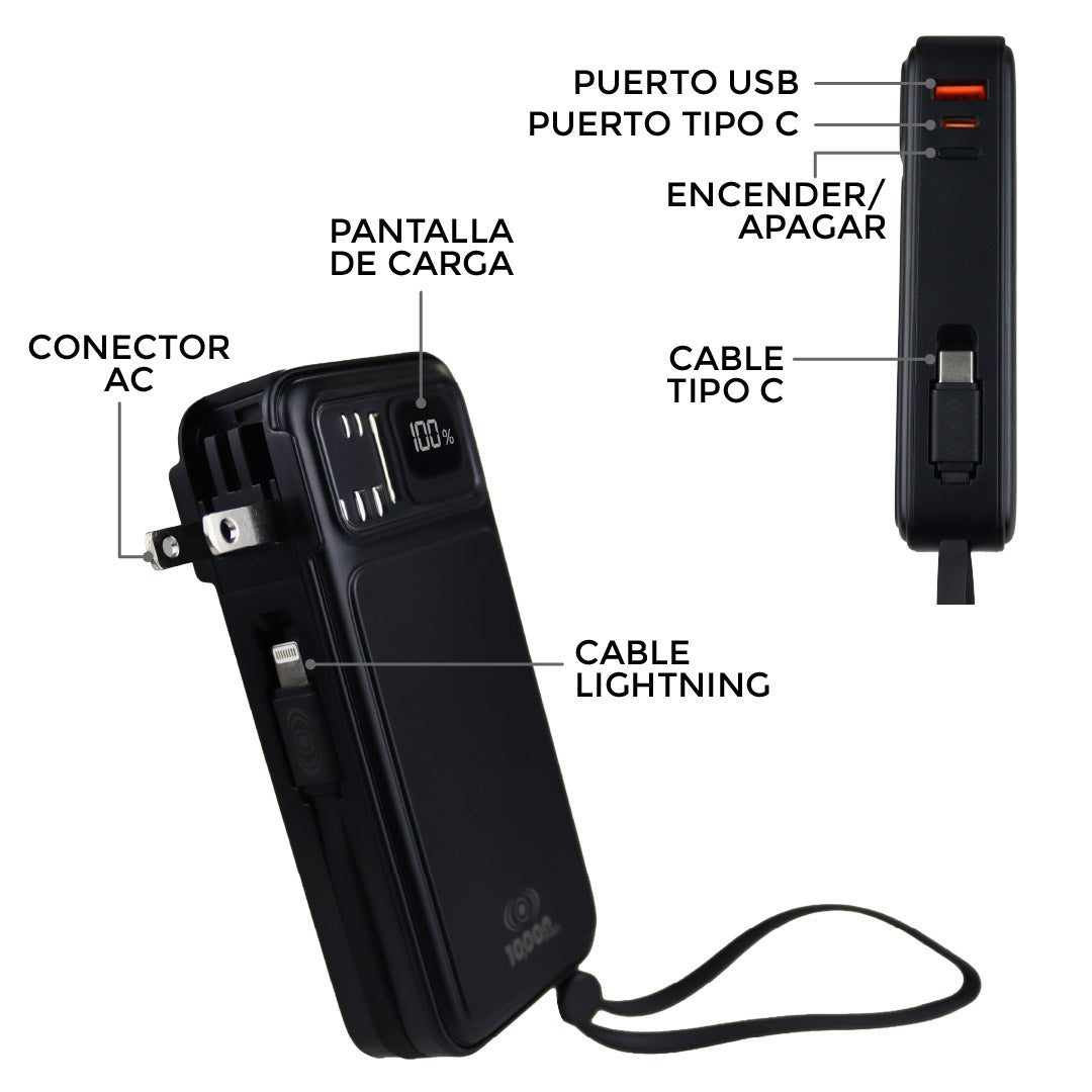 Power Bank Power Plug Pro 10,000mAh 20W – Cargador de Pared AC Integrado y Cables Rápidos