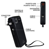 Power Bank Power Plug Pro 10,000mAh 20W – Cargador de Pared AC Integrado y Cables Rápidos