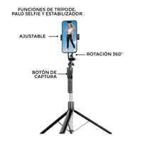 Selfie Stick Función 3 en 1 Tripié Estabilizador control remoto Bluetooth