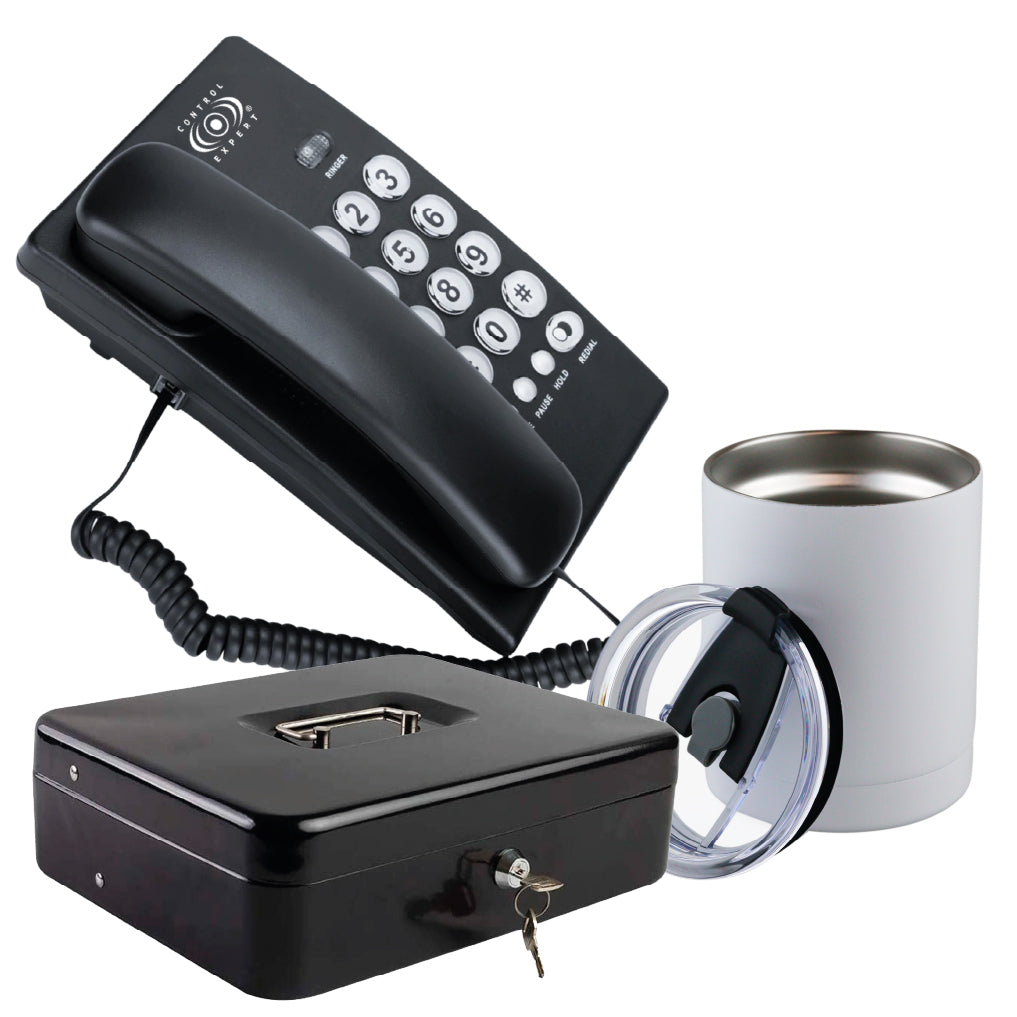 Combo Teléfono alámbrico, Termo blanco de acero inoxidable 14 oz y Caja de seguridad con cerradura