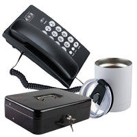Combo Teléfono alámbrico, Termo blanco de acero inoxidable 14 oz y Caja de seguridad con cerradura