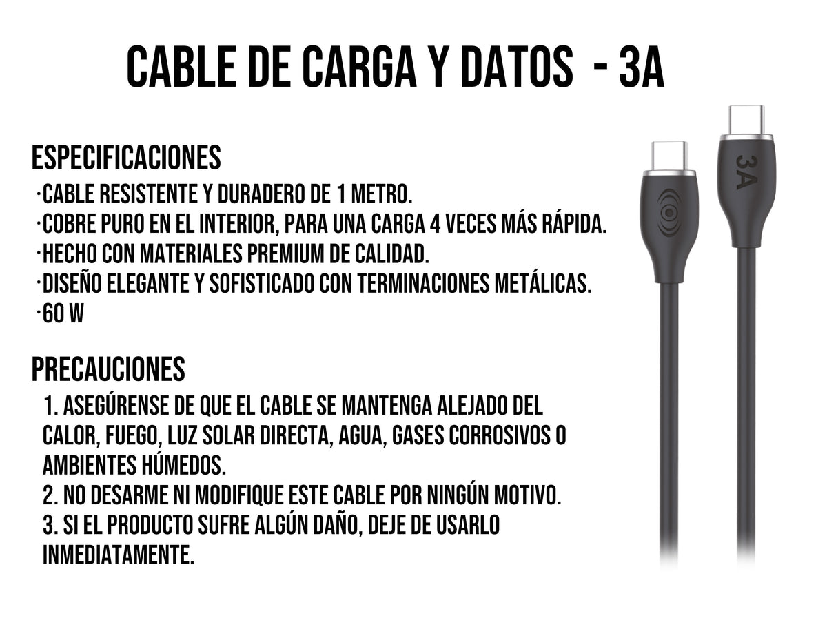 Cable Tipo C a Tipo C 60W Carga Rápida Negro