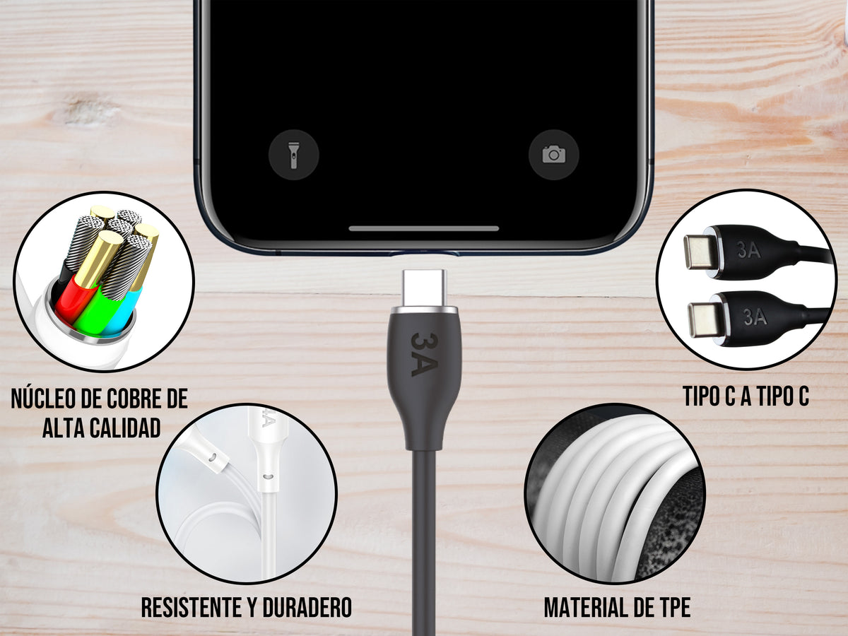 Cable Tipo C a Tipo C 60W Carga Rápida Negro