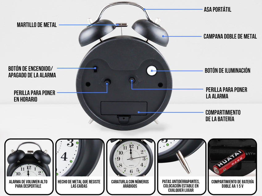 Reloj Despertador Dobleampana - Negro