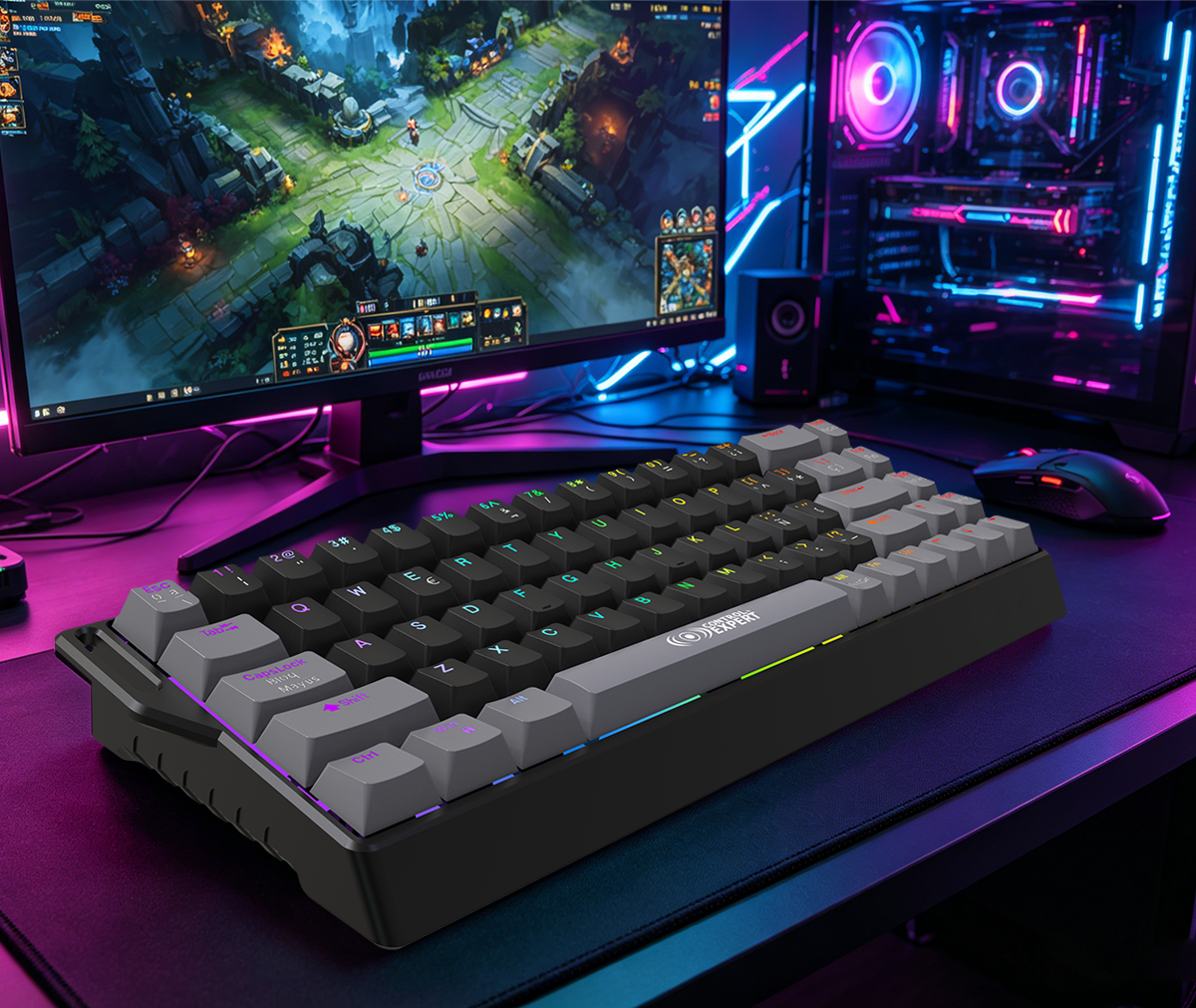 Teclado Gamer Mecánico Alámbrico 68 Teclas, USB Tipo C, Iluminación RGB, Diseño Compacto, Cable de 1.5 m, Compatible con Windows y macOS