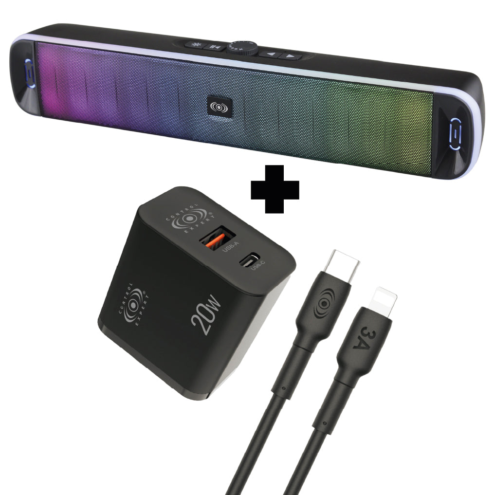 kit de Bocina Tipo Barra con Luz RGB + Cargador USB con Cable iPhone