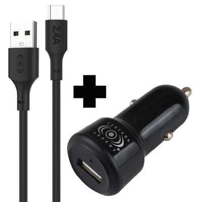 Combo Turbo Cargador para Auto 2.1A + Cable USB 2 Metros – Versiones para iPhone, Tipo C o V8