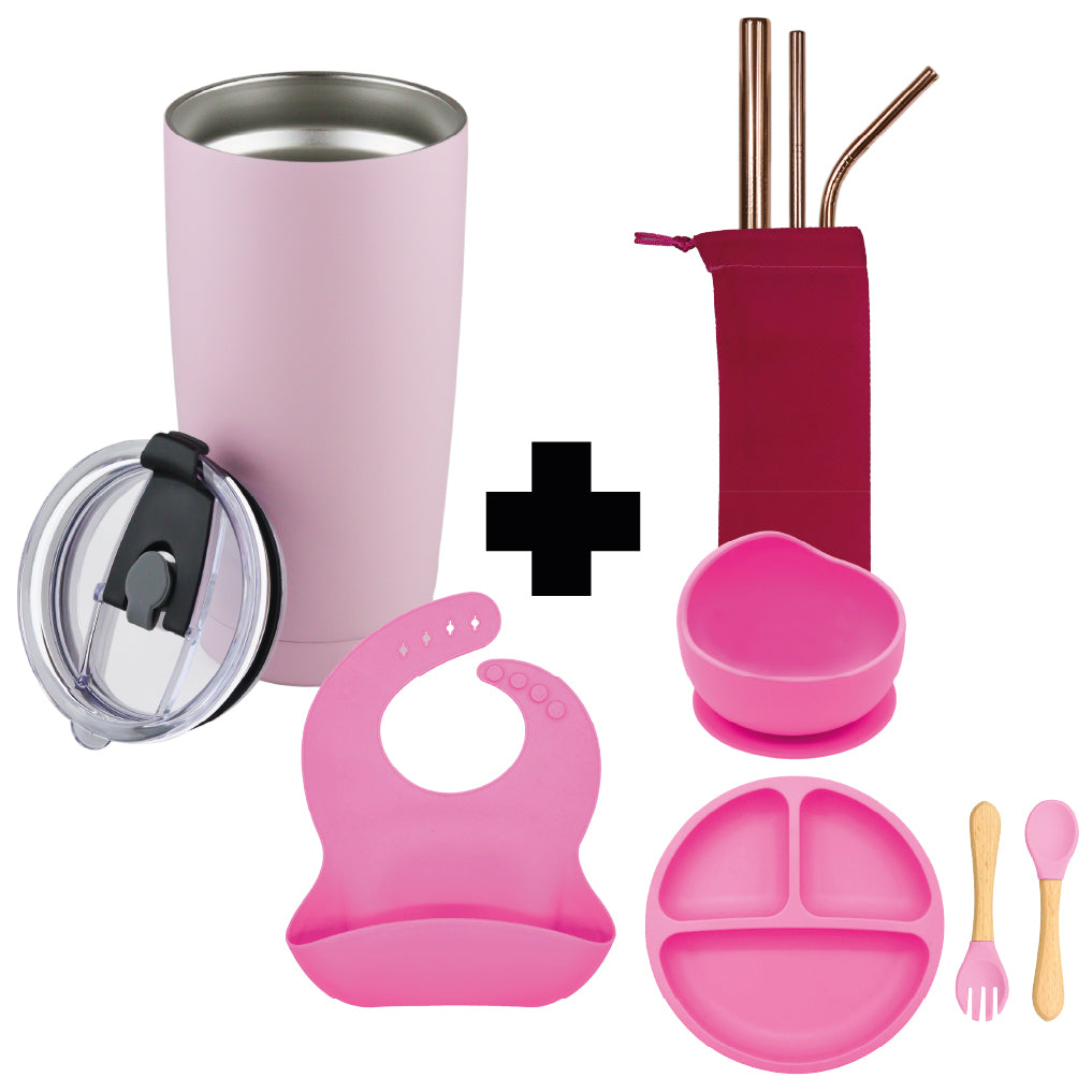 kit de set de Comida para Bebé de Silicón + Termo de Acero Inoxidable + Popotes Ecológicos