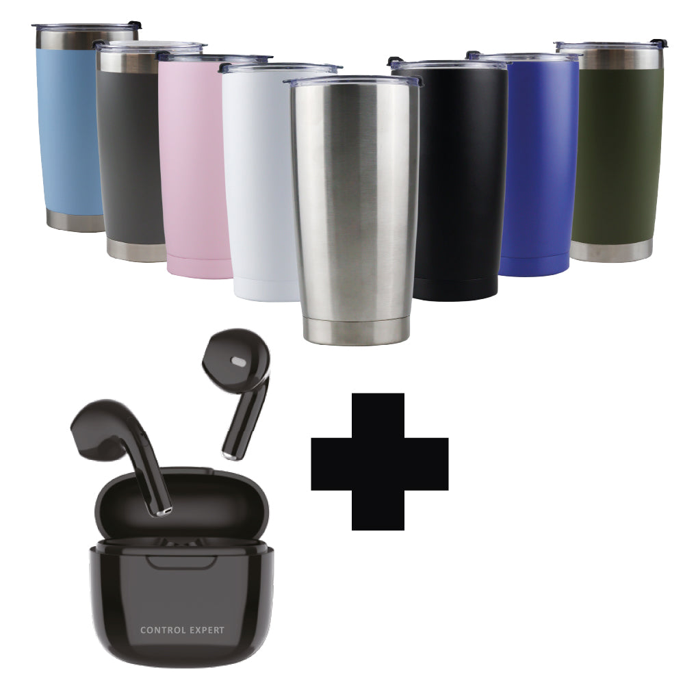 Kit de audífonos Bluetooth inalambricos mas termo de acero 590Ml. Varios colores