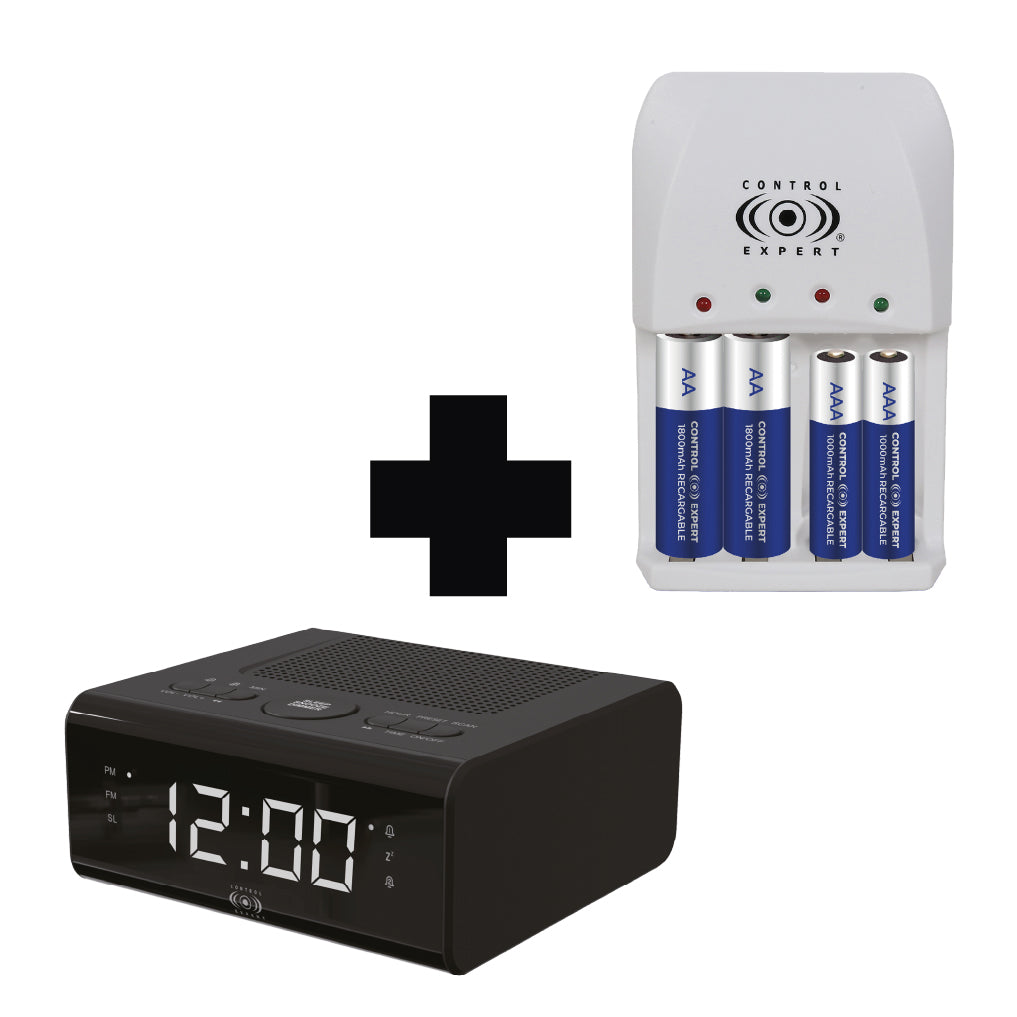 Combo Kit radio despertador digital mas cargador de baterias recargables