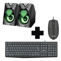 Kit de bocinas amplificadas para area de computo mas combo de teclado y mouse alambrico