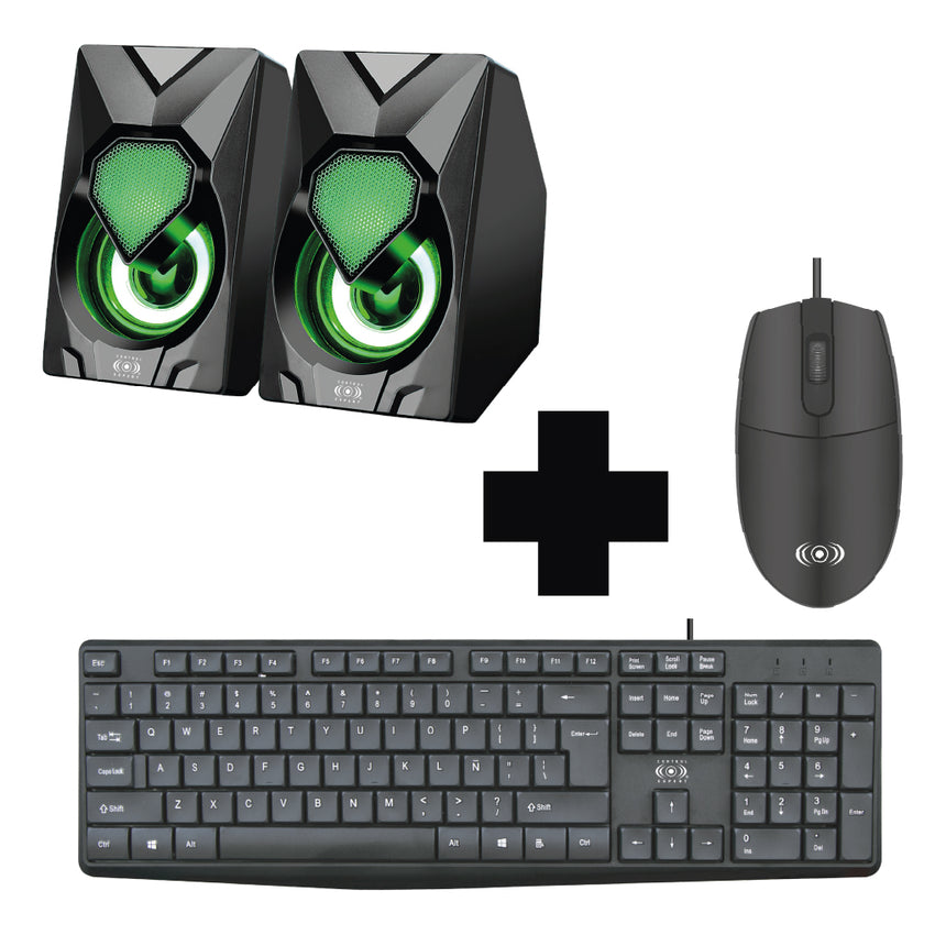 Kit de bocinas amplificadas para area de computo mas combo de teclado y mouse alambrico