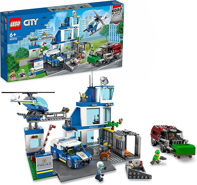 Juguete de coche de la comisaría de policía de la ciudad PsinzmkLEGO 60316, camión de basura y helicóptero, figura de perro, para niños y niñas de 6 años