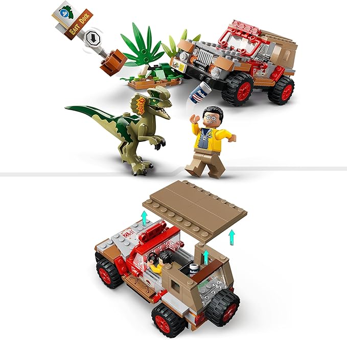 LEGO Jurassic Park Dilophosaurus Embush 76958 - Juego de juguetes de construcción para Jurassic Park 30 aniversario, juguete de dinosaurio con figura de Dino y juguete de coche Jeep; idea de regalo para nietos y niños a partir de 6 años