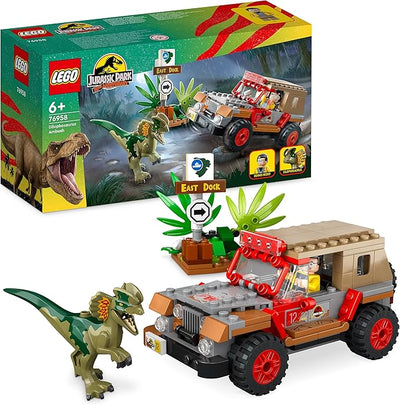 LEGO Jurassic Park Dilophosaurus Embush 76958 - Juego de juguetes de construcción para Jurassic Park 30 aniversario, juguete de dinosaurio con figura de Dino y juguete de coche Jeep; idea de regalo para nietos y niños a partir de 6 años