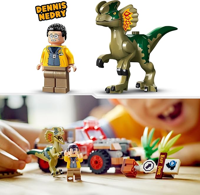 LEGO Jurassic Park Dilophosaurus Embush 76958 - Juego de juguetes de construcción para Jurassic Park 30 aniversario, juguete de dinosaurio con figura de Dino y juguete de coche Jeep; idea de regalo para nietos y niños a partir de 6 años