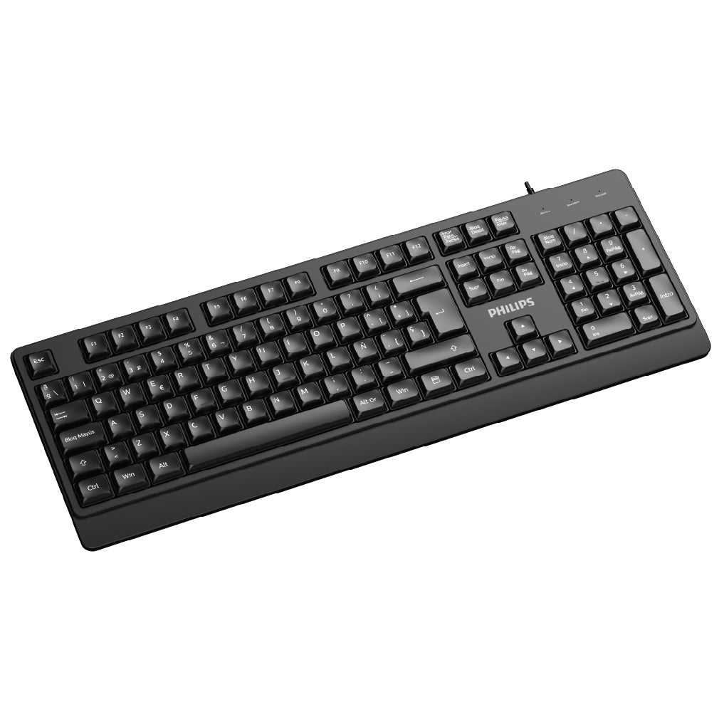 PHILIPS Teclado Alámbrico SPK6247B/85, USB Plug & Play, Teclas Multimedia, Tamaño Completo, Diseño Ergonómico, Teclas de Membrana, Compatible con Windows, Mac y Linux
