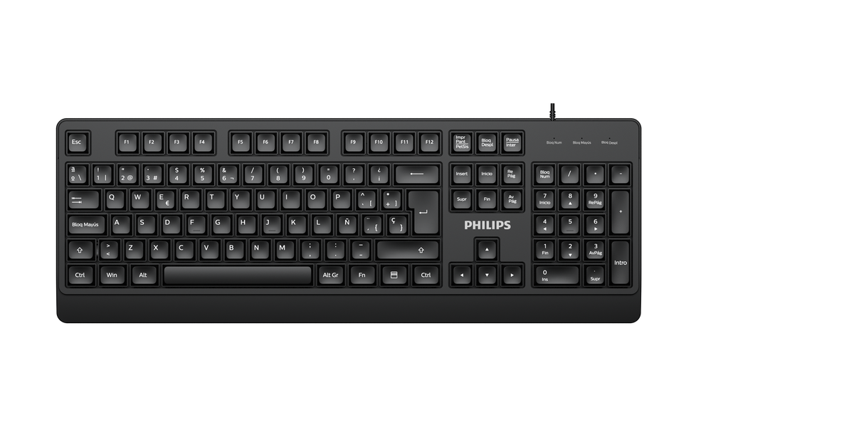 PHILIPS Teclado Alámbrico SPK6247B/85, USB Plug & Play, Teclas Multimedia, Tamaño Completo, Diseño Ergonómico, Teclas de Membrana, Compatible con Windows, Mac y Linux