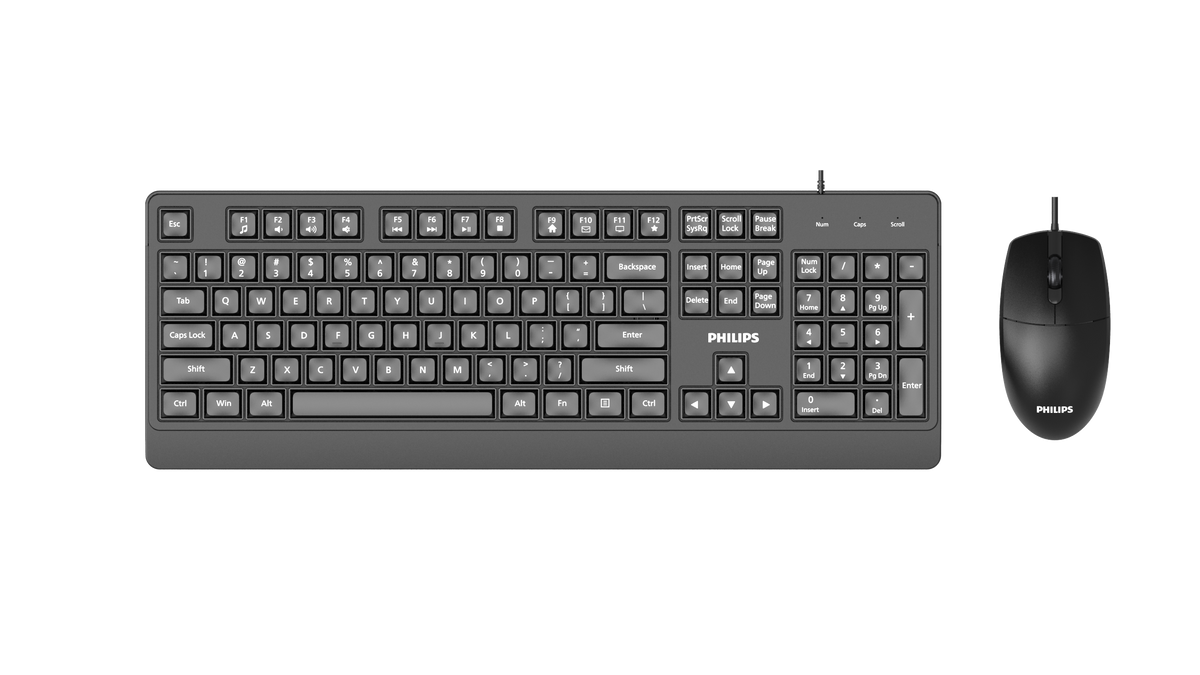 Combo Teclado y Mouse Philips Alámbricos Serie 2000, USB Plug & Play, Teclado de Tamaño Completo, Mouse Óptico 1200 dpi, Teclas Multimedia, Compatible con Windows, Mac y Linux, Negro