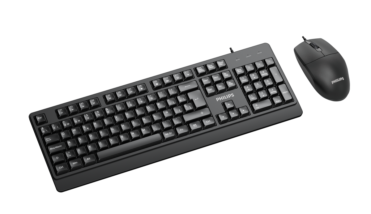 Combo Teclado y Mouse Philips Alámbricos Serie 2000, USB Plug & Play, Teclado de Tamaño Completo, Mouse Óptico 1200 dpi, Teclas Multimedia, Compatible con Windows, Mac y Linux, Negro