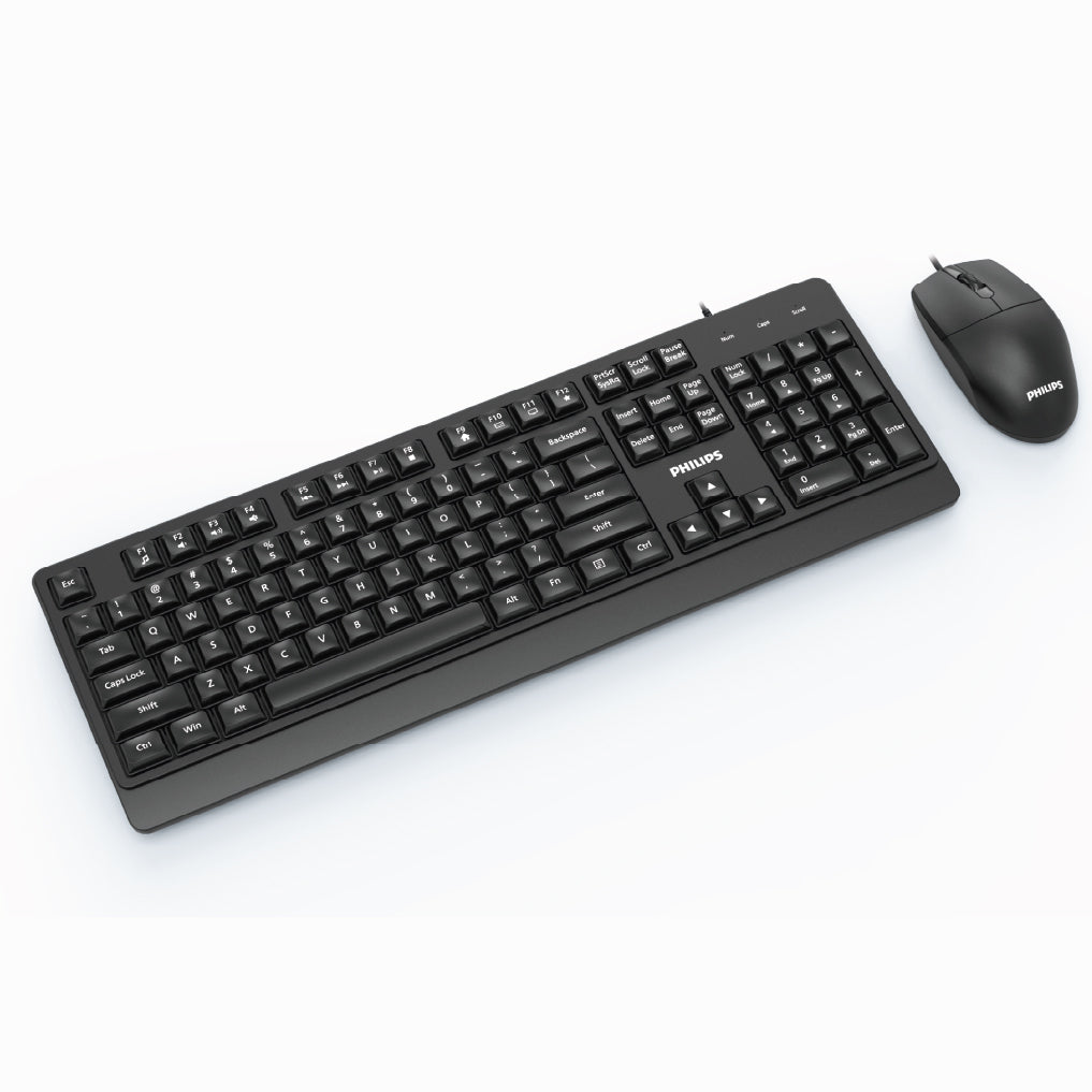 Combo Teclado y Mouse Philips Alámbricos Serie 2000, USB Plug & Play, Teclado de Tamaño Completo, Mouse Óptico 1200 dpi, Teclas Multimedia, Compatible con Windows, Mac y Linux, Negro