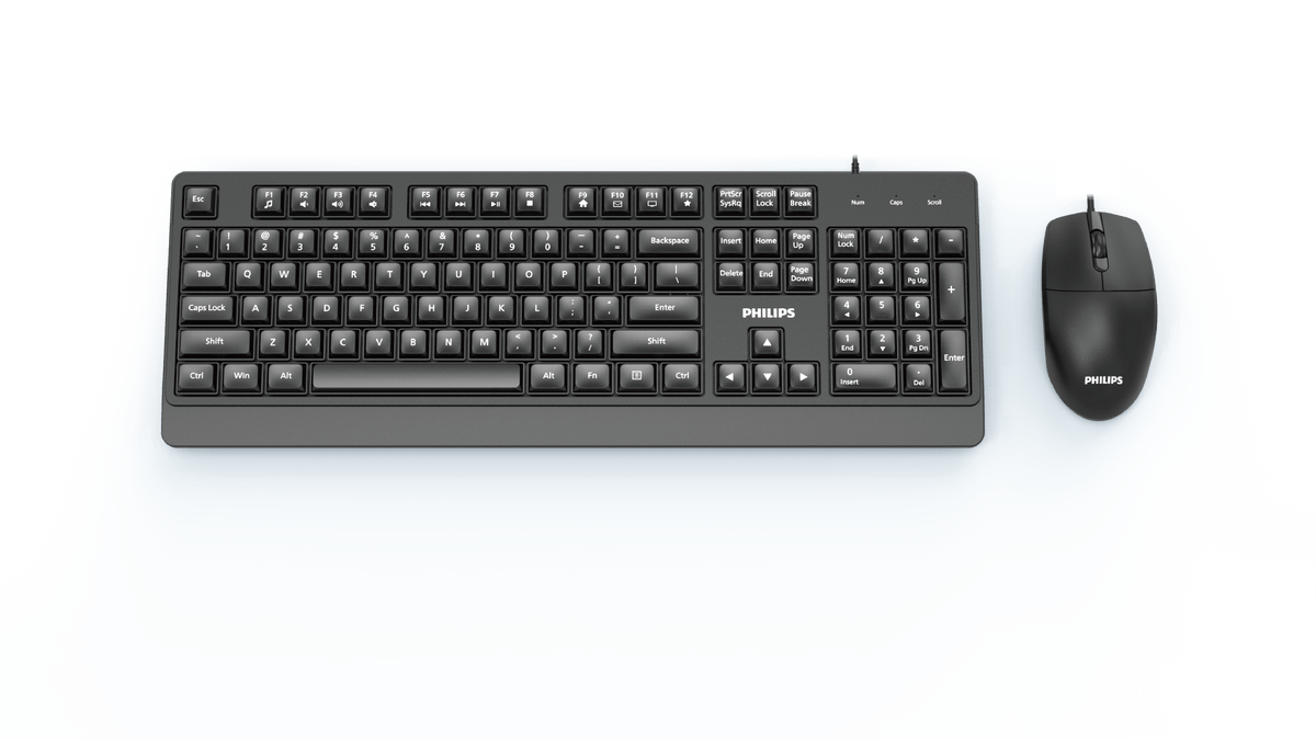 Combo Teclado y Mouse Philips Alámbricos Serie 2000, USB Plug & Play, Teclado de Tamaño Completo, Mouse Óptico 1200 dpi, Teclas Multimedia, Compatible con Windows, Mac y Linux, Negro