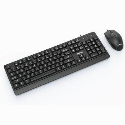 Combo Teclado y Mouse Philips Alámbricos Serie 2000, USB Plug & Play, Teclado de Tamaño Completo, Mouse Óptico 1200 dpi, Teclas Multimedia, Compatible con Windows, Mac y Linux, Negro