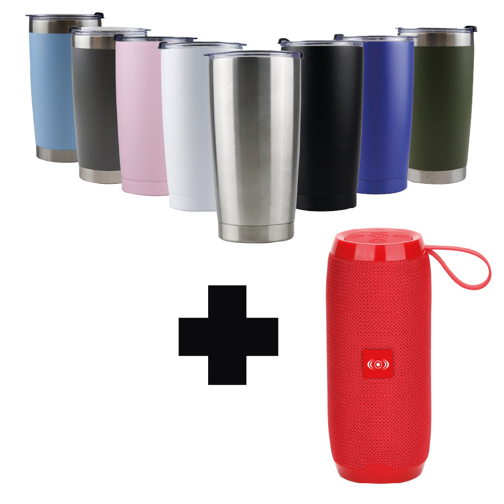 kit bocina portatil conexion bluetooth mas termo de acero 590ml.